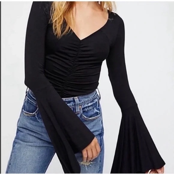 We The Free Tops - We The Free Black Ruched Bell Sleeve Top